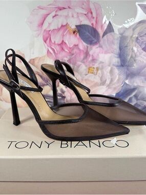 Tony Biiano Black Mesh Pointed Slingback Stilettos